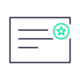 Icon of a rectangular card with two lines, featuring a teal circle with a star on the right side, against a black background.