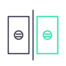 Two outlined rectangles with equal signs in the center, one blue and one green, separated by a vertical line on a black background.